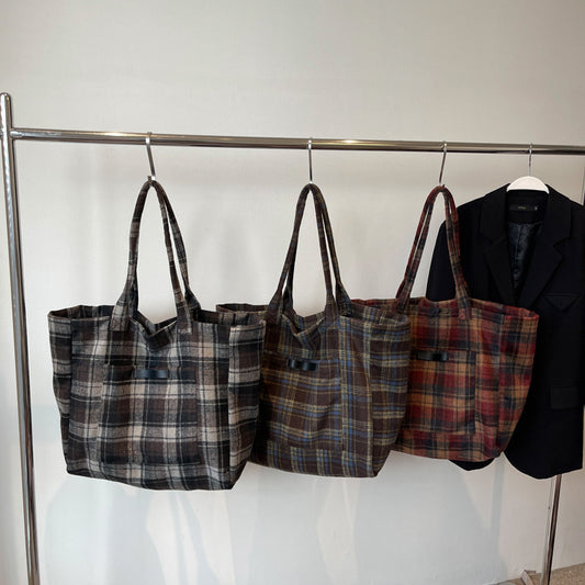 Women's Check Large Capacity Totes Korean Retro Shoulder Bags