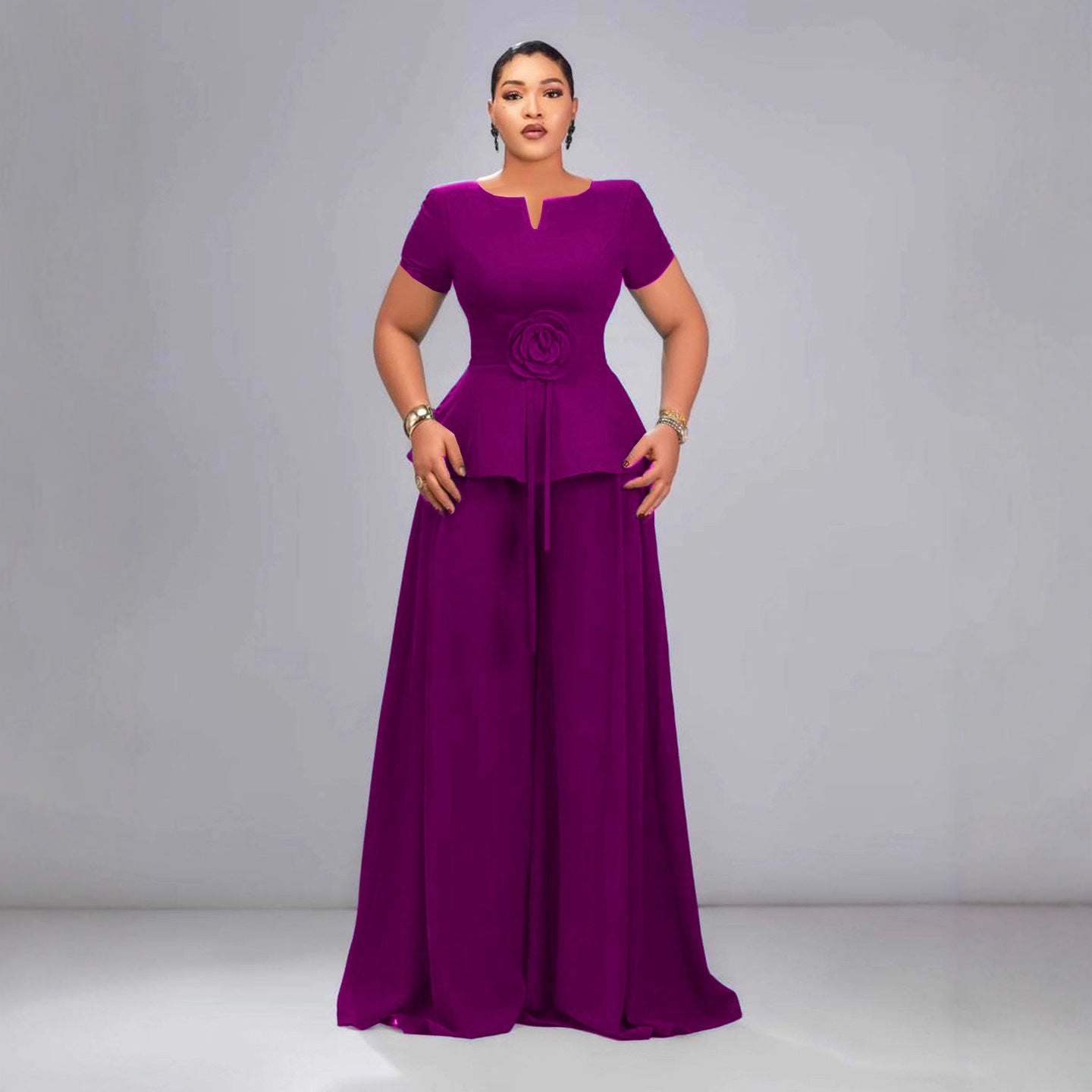 Women's Green Sleeve Ruffled Three-dimensional Flower Wide Suits