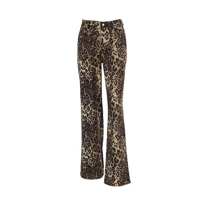Women's Loose Low Waist Leopard Print Trousers Versatile Cotton Wide Pants