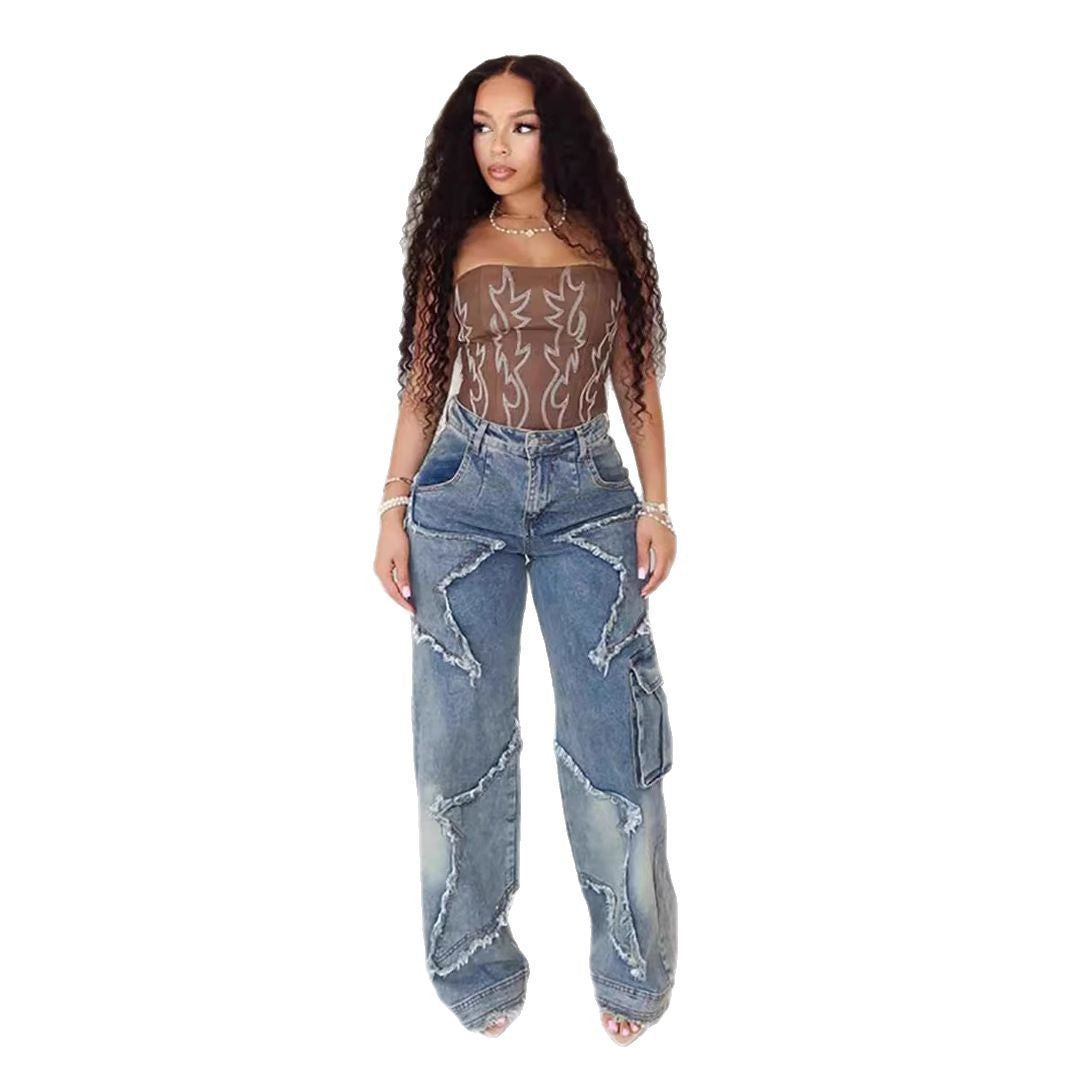 Women's Fringed Burr Loose Straight Casual Jeans