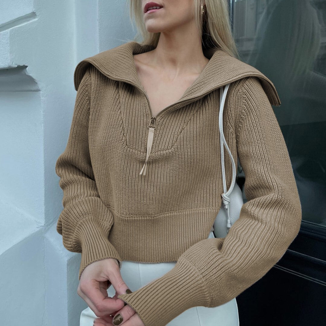 Women's Solid Color Zipper Wide Collar Fashion Sweaters