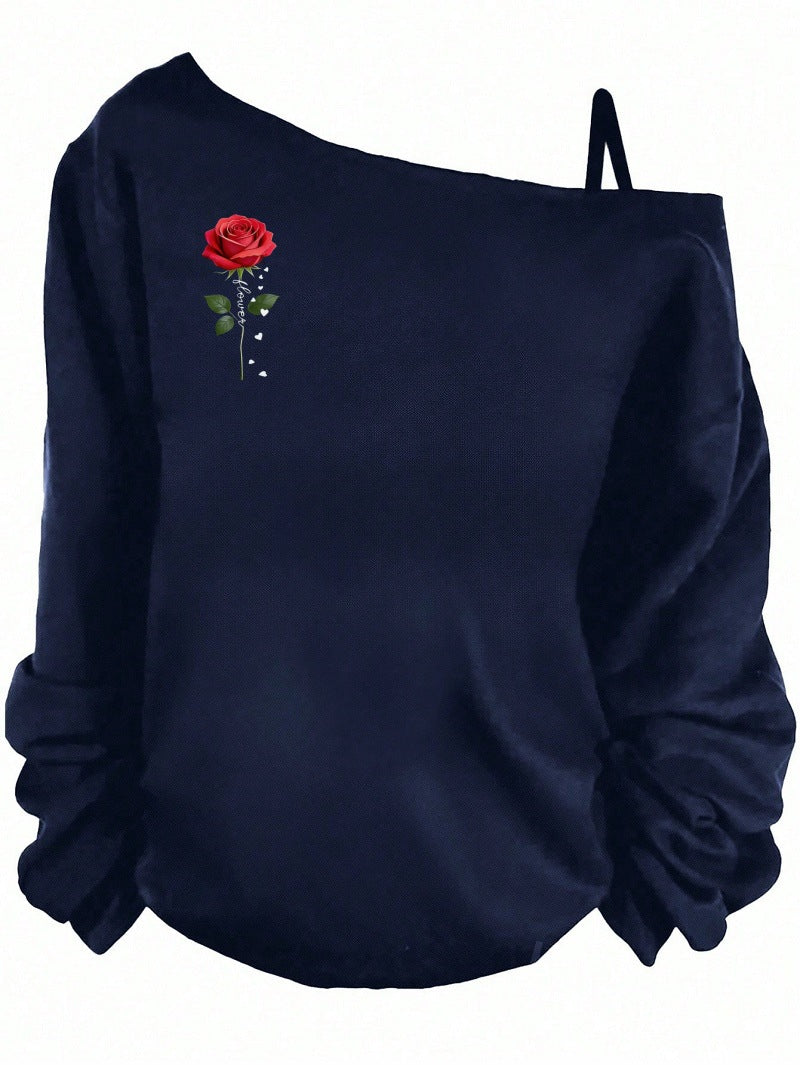 Women's Sling Solid Color Printing Long Sleeve Trendy Women's T-shirt