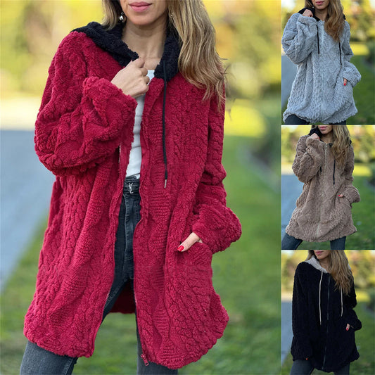 Women's Casual Hooded Solid Color Fur Zip Long Sleeve Coats