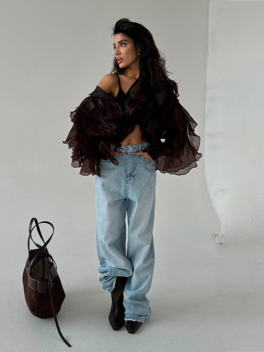 Women's Tulle Three-dimensional Design Sense Irregular Shirt Blouses