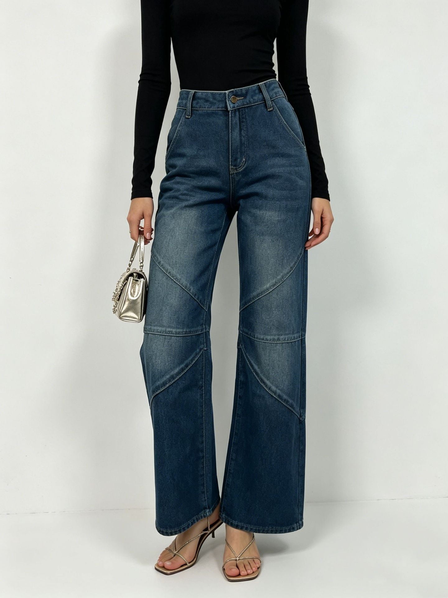 Women's Fashionable Pleated Washed High Street Straight Jeans