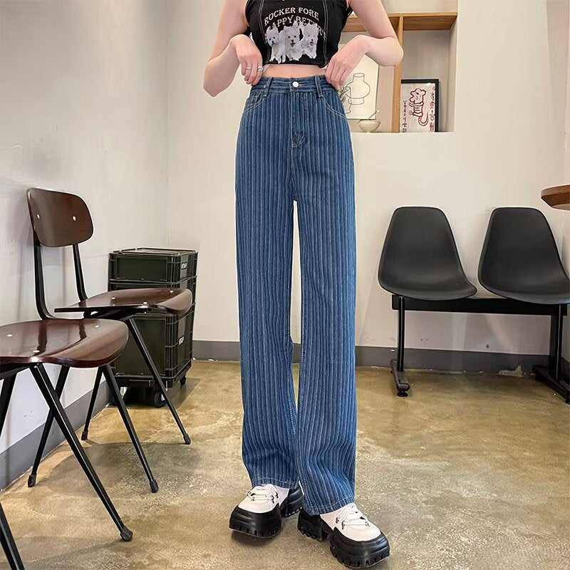 Women's Waist Slimming Wide Leg Woven Denim Striped Straight Casual Pants