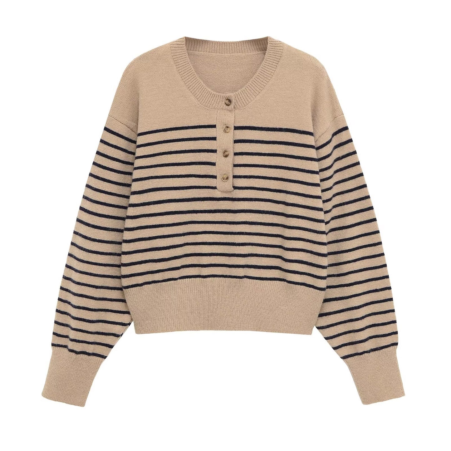 Glamorous Striped Round Neck Pullover Button Knitwear