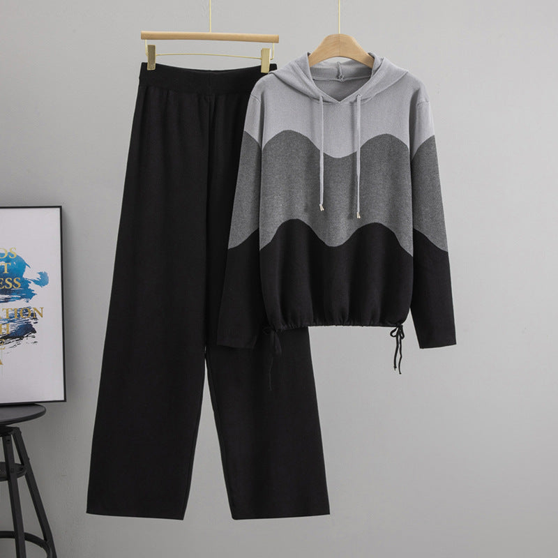 Women's Knitted Hooded Color-matching Leisure Sports Two-piece Suits