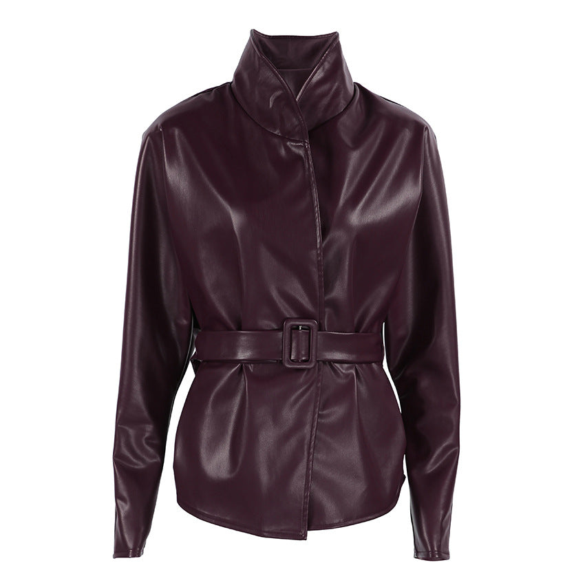 Women's Red Leather High-grade Long Sleeve Stand Collar Jackets