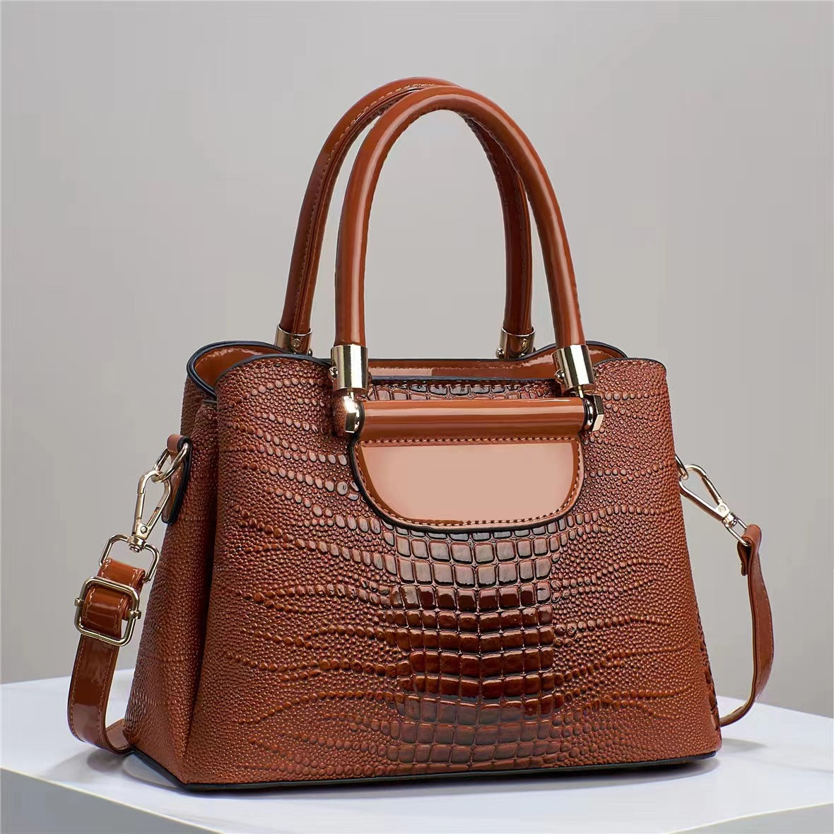 Women's Textured Bright Leather Stone Pattern Crocodile Handbags