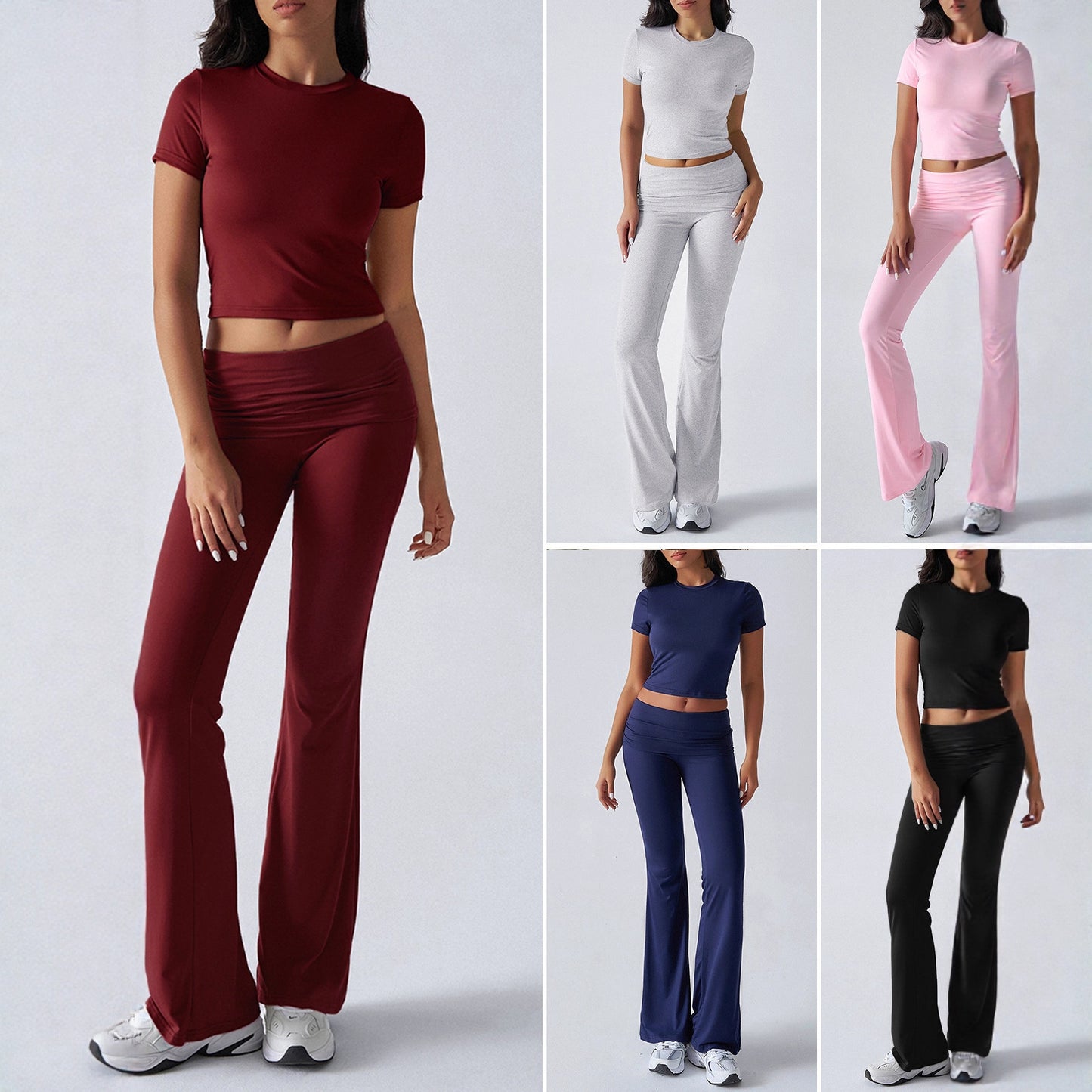 Women's Solid Color Short-sleeved High Waist Trousers Fashion Casual Suit