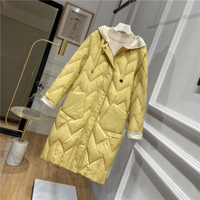 Women's Mid-length Lightweight Down Fashionable Knitted Hooded Korean Jackets
