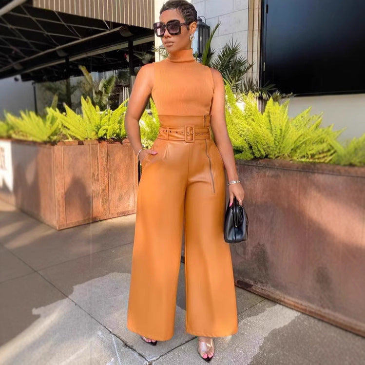 Women's Fashion High Waist Flared Leather Style Pants