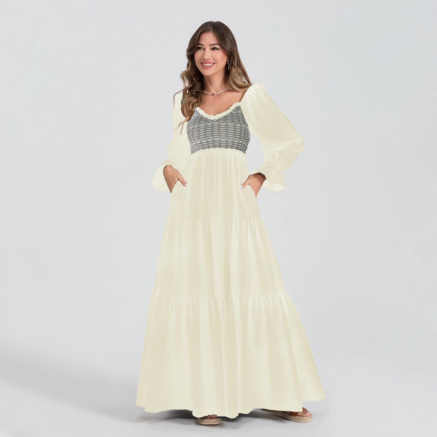 Women's Popular Long Sleeve Pleating Layered Wooden Dresses