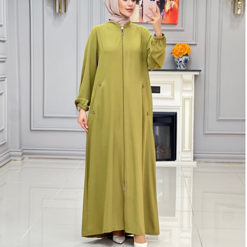 Women's Fashion Ladies Stand Collar Zipper Pocket Dresses