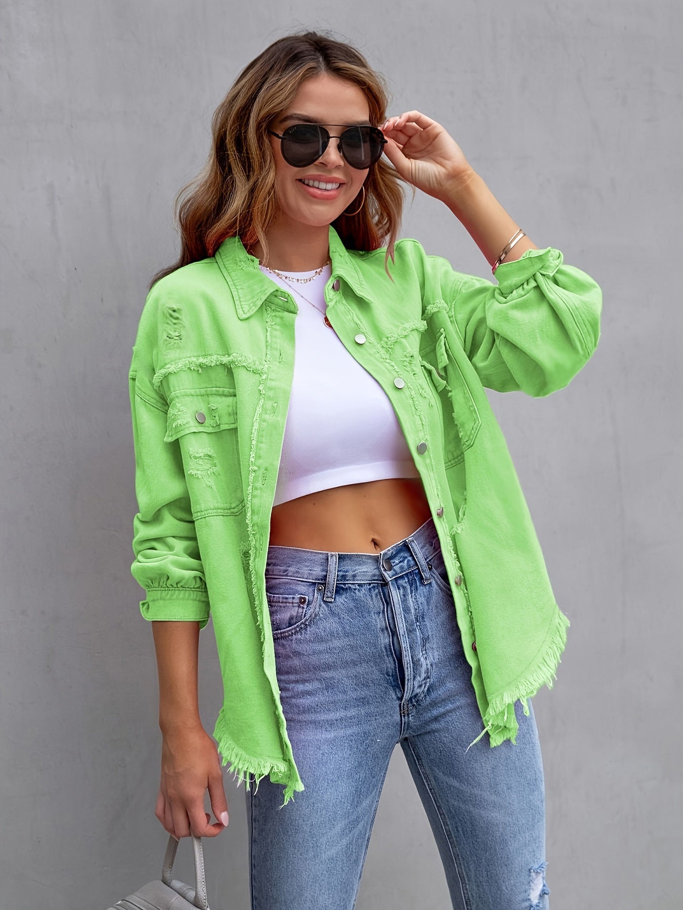 Women's American Solid Color Mid-length Ripped Long Jackets