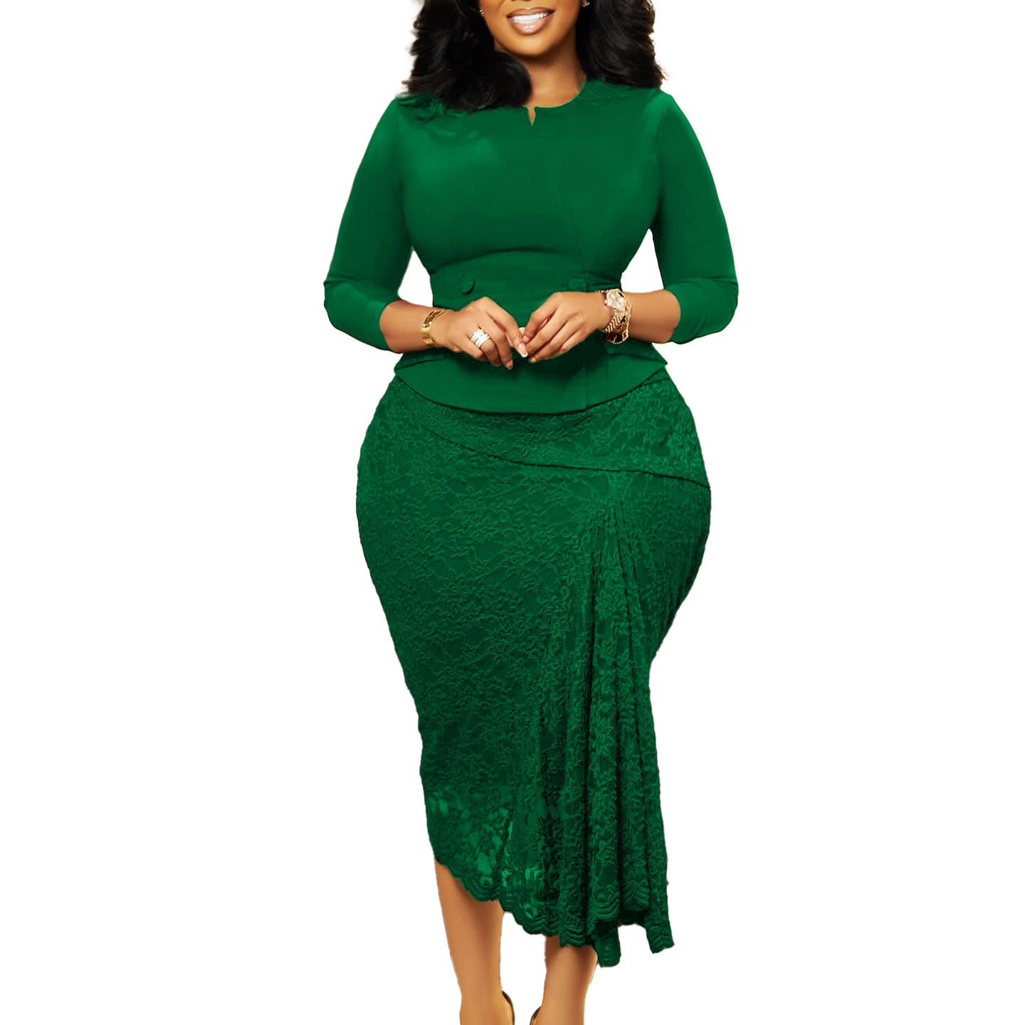 Women's Elegant Ol Long Sleeve Lace Package Hip Two-piece Suits