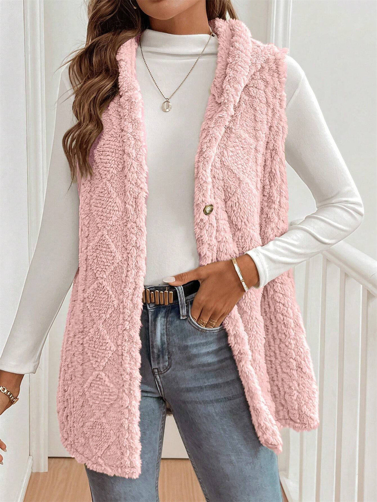 Solid Color Double-sided Plush Hooded Button Women's Vest