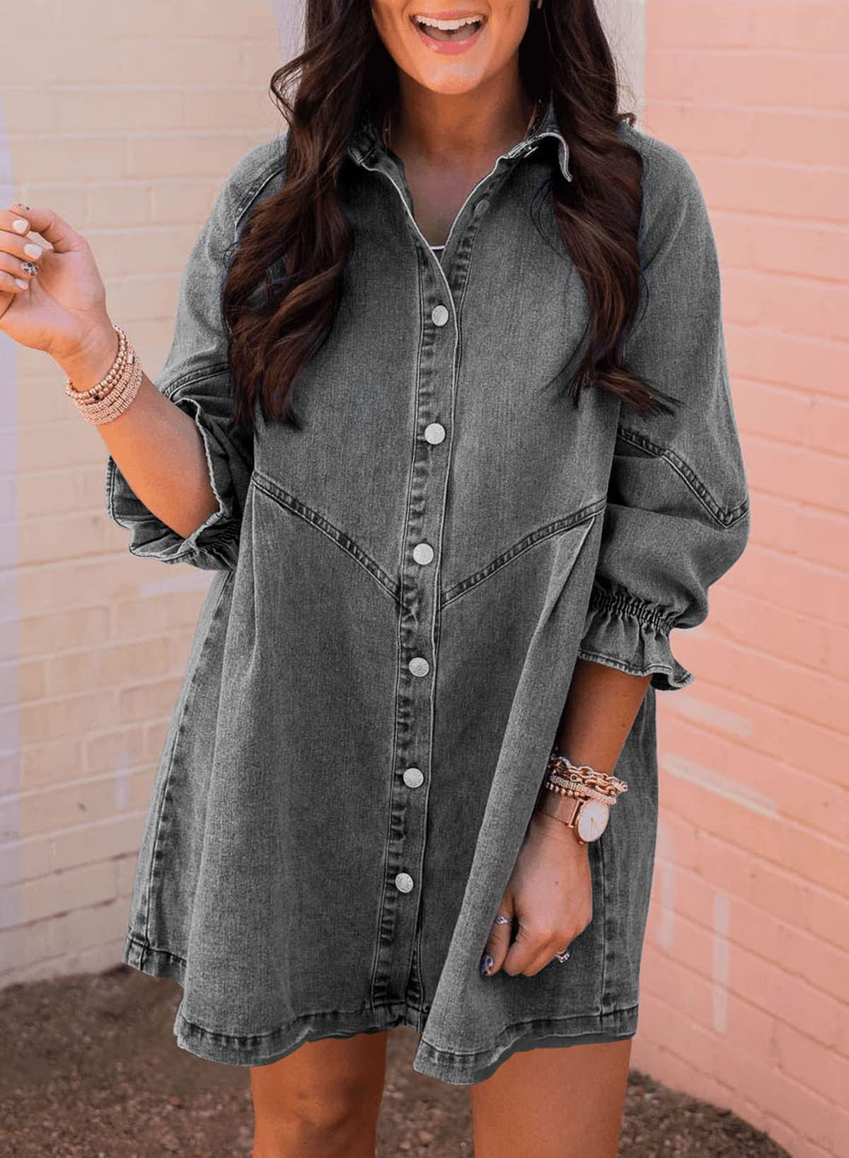 Washed Shirt Denim Lantern Sleeve Loose Dresses