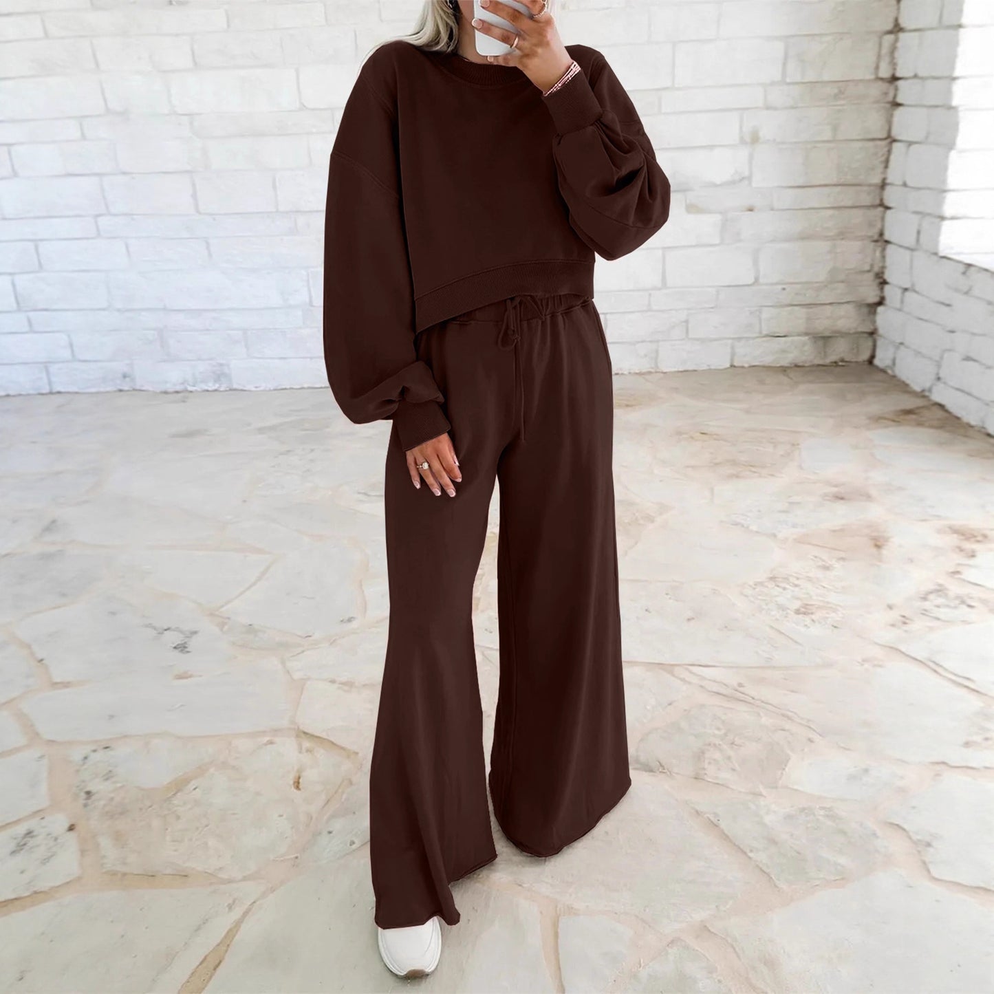 Women's Drop Shoulder Puff Sleeve Pullover Drawstring Wide Pants