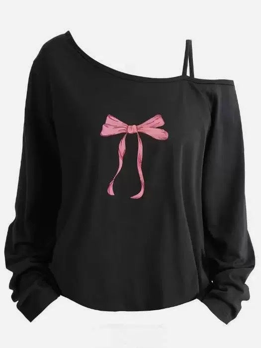 Women's Sling Solid Color Printing Long Sleeve Trendy Women's T-shirt