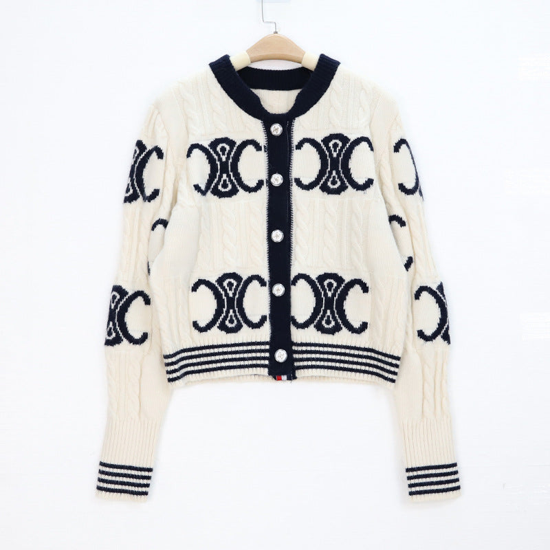 Style Knitted Letter Jacquard Contrast Color Round Neck Long Sweaters