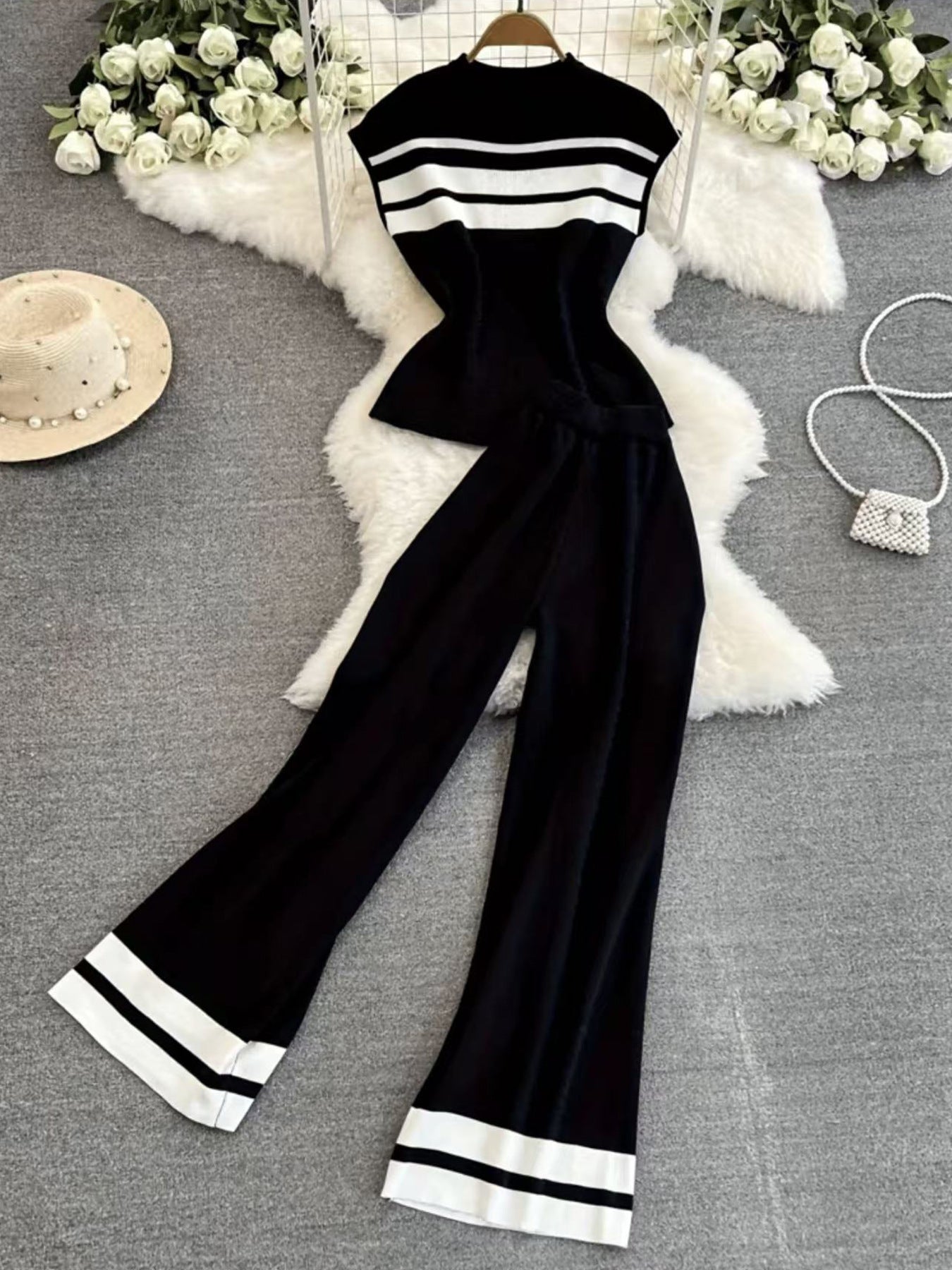 Women's Sleeveless Knitted Two-piece High Waist Straight Suits