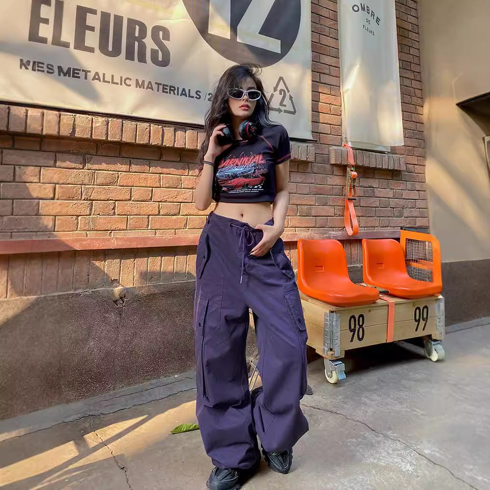 Women's American Hot Purple Overalls Large Loose Pockets Pants