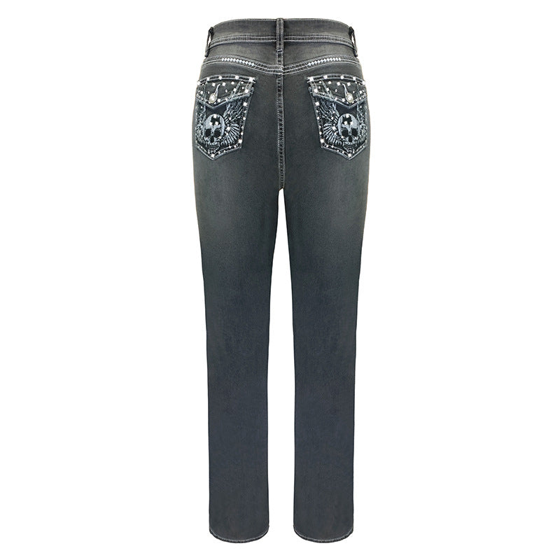 Women's Trend Rhinestone Stretch Slim Embroidered Skull Jeans