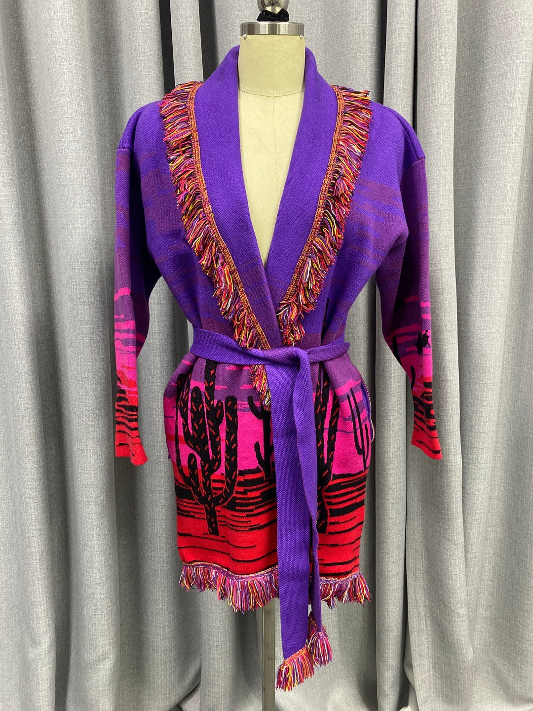 Retro Purple Brocade Wool Blended Tassel Sweaters