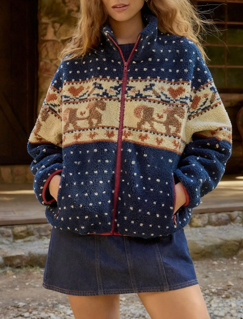 Christmas Snowflake Moose Zipper Pocket Woolen Coats