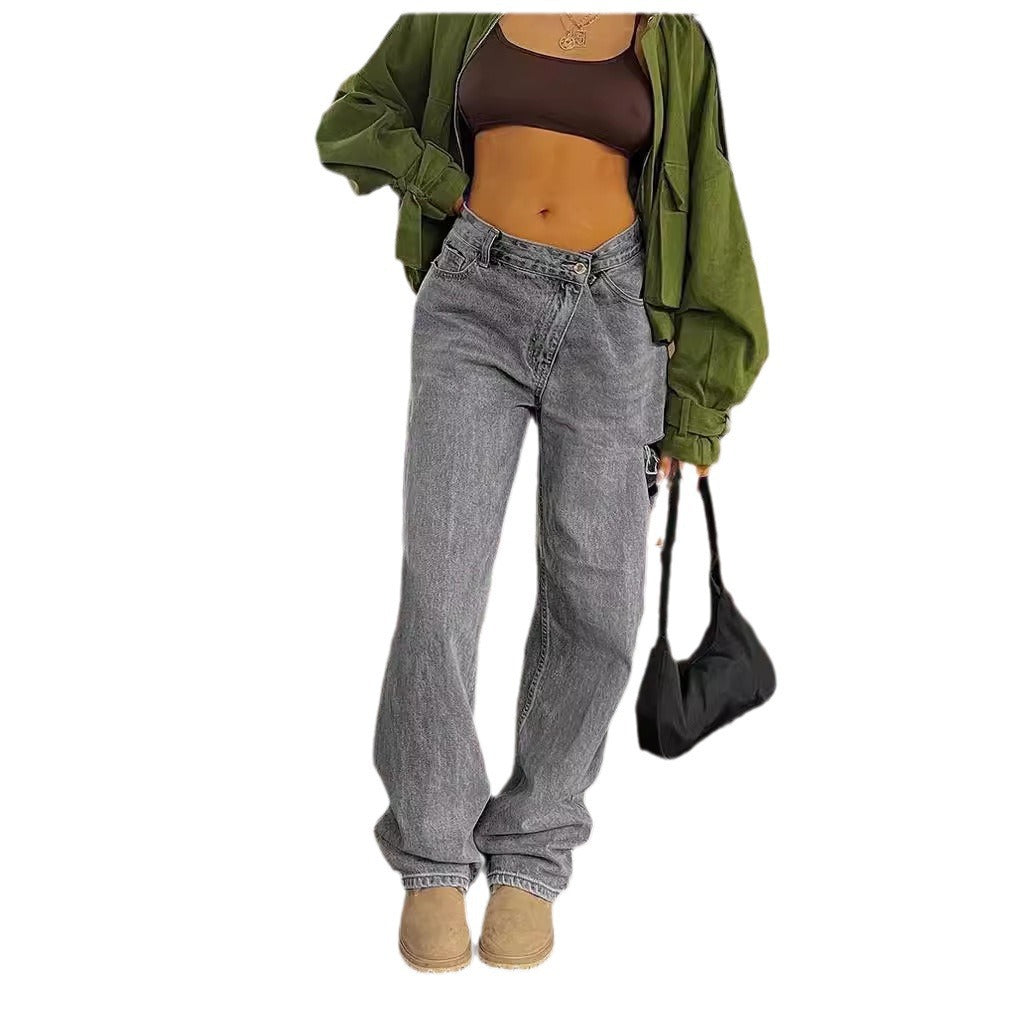 Women's Fashionable Oblique Waist Low Loose Hole Women's Jeans