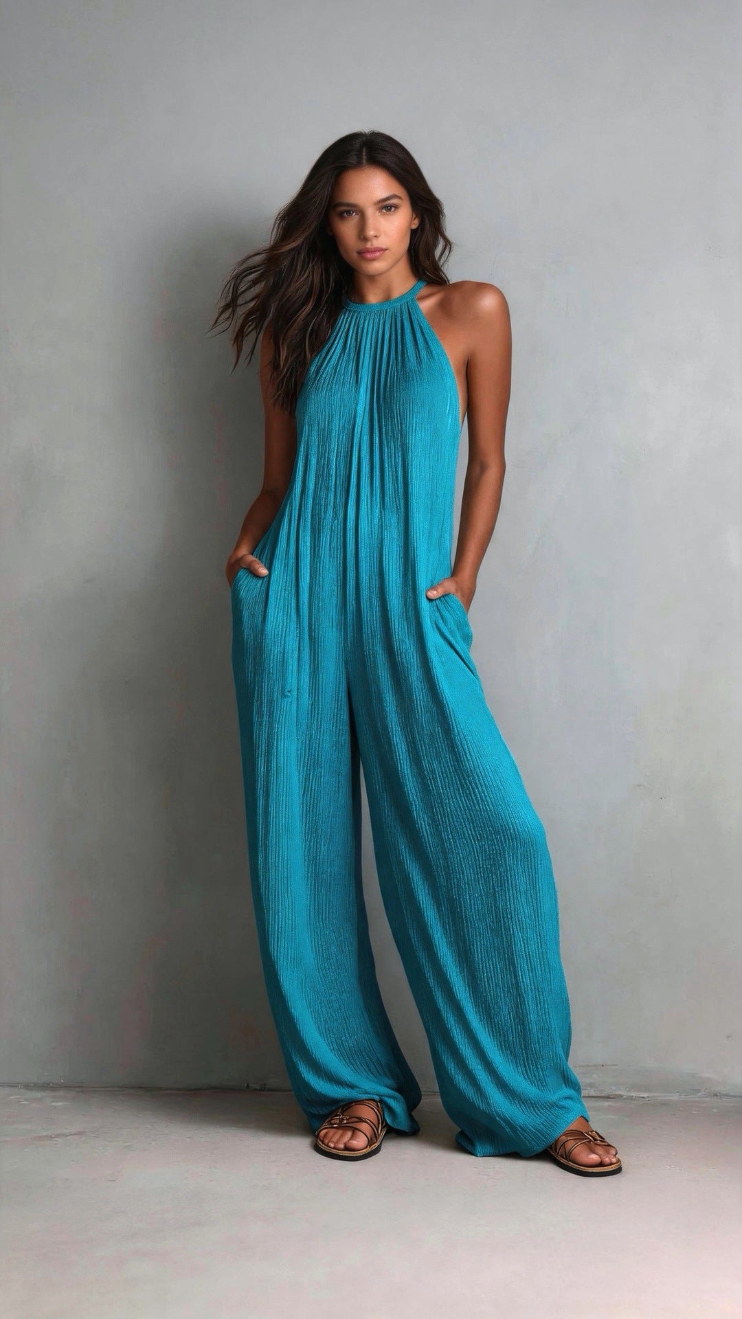 Women's Halter Sleeveless Vacation Style White Pleated Women's Jumpsuit/clothing