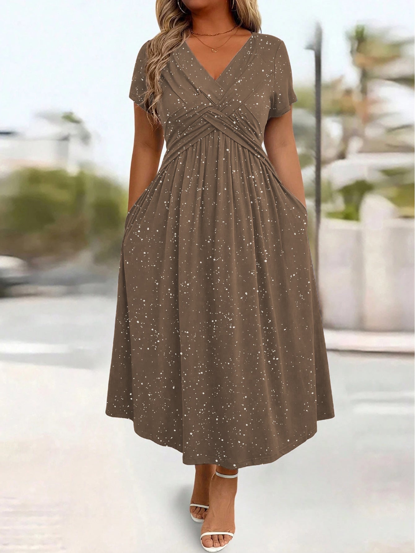 Women's Waist Tight Shiny Crystal Dusting Powder Twisted Dress