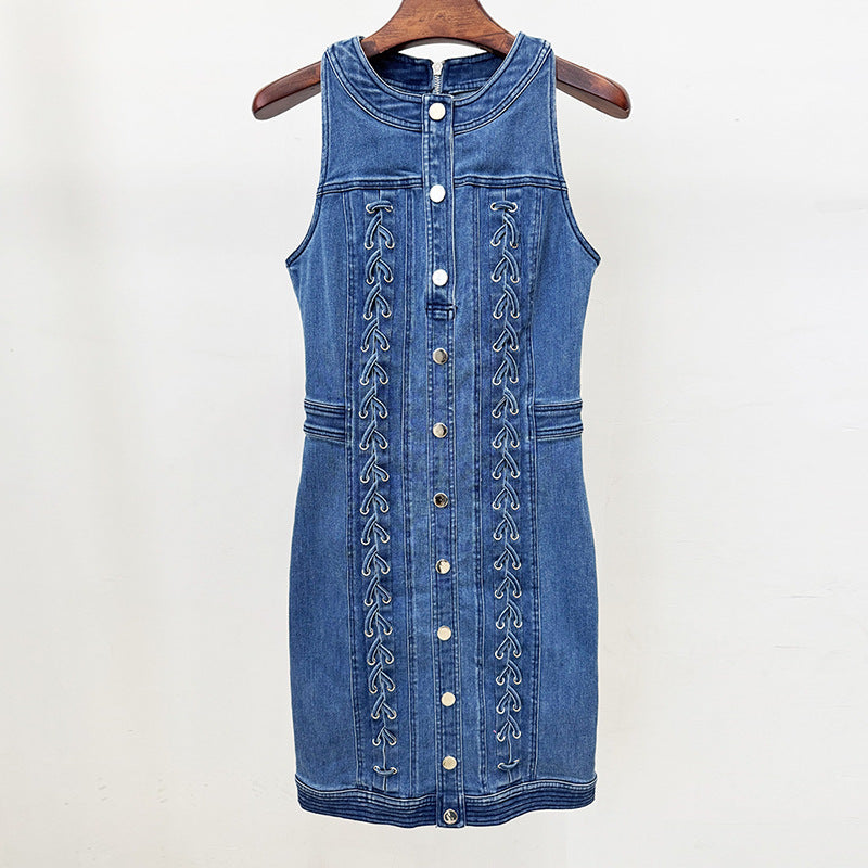 Popular Fashion Eyelet Rope Stretch Denim Dress