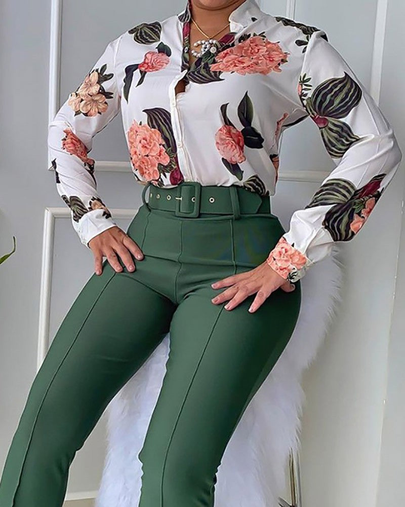 Collar Long Sleeve Shirt Wide Leg Suits
