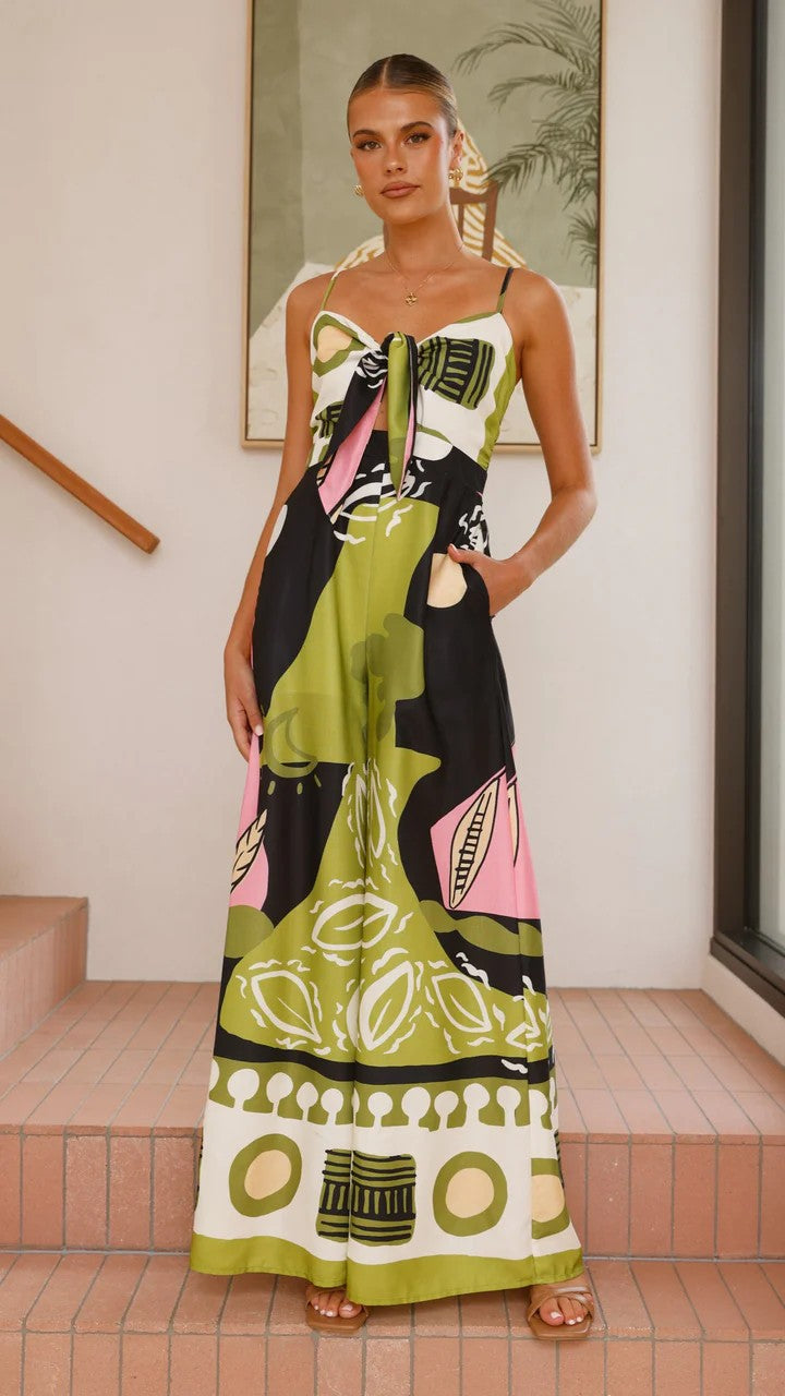 Smocking Suspender Knotted Wide Leg Straight Jumpsuits