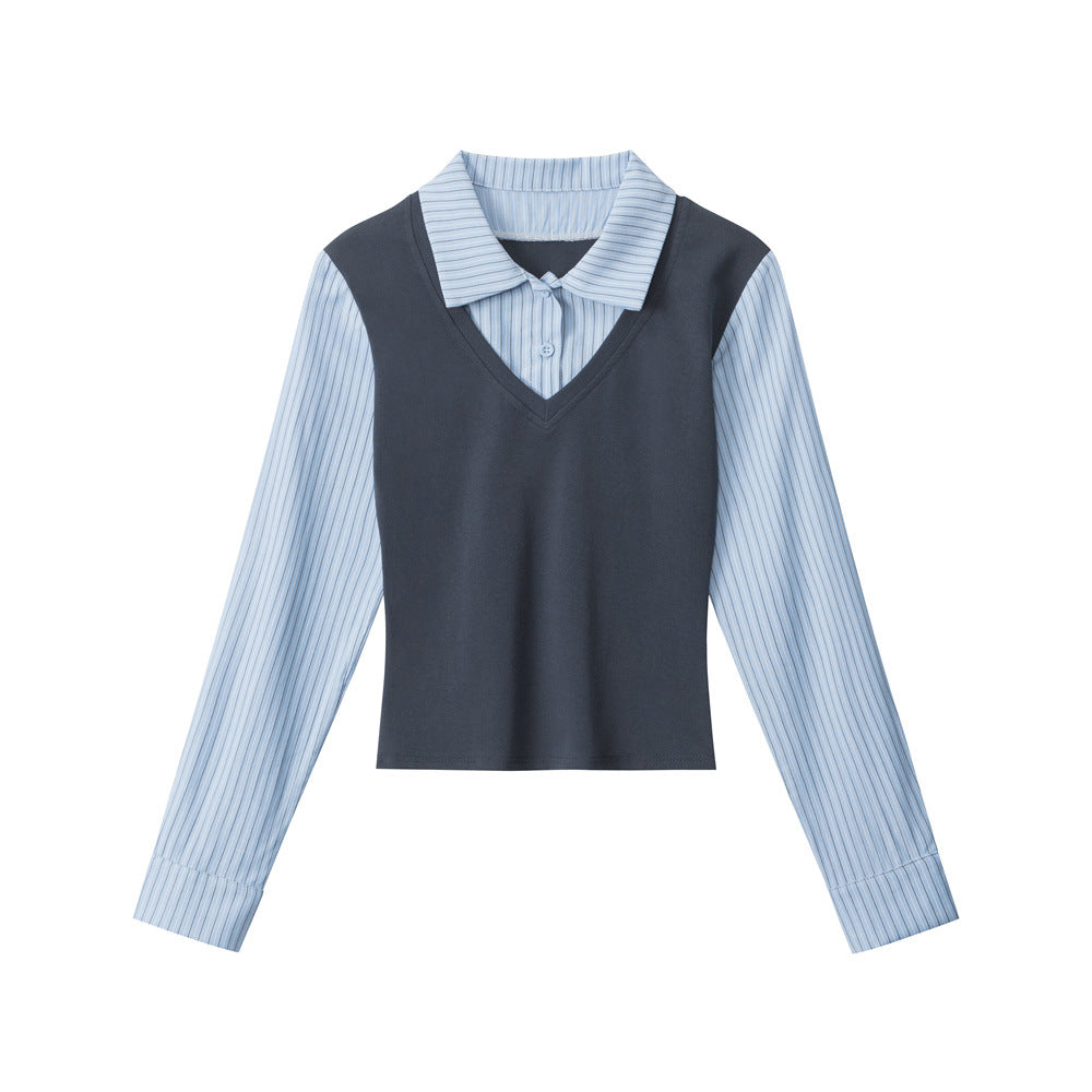 Women's Fake Two-piece Long-sleeved T-shirt American Autumn Slim Blouses