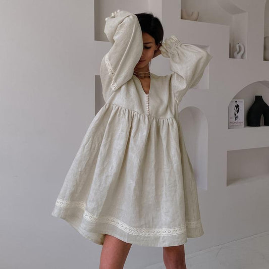 Women's Cotton Linen French Dress Temperament Commute Dresses