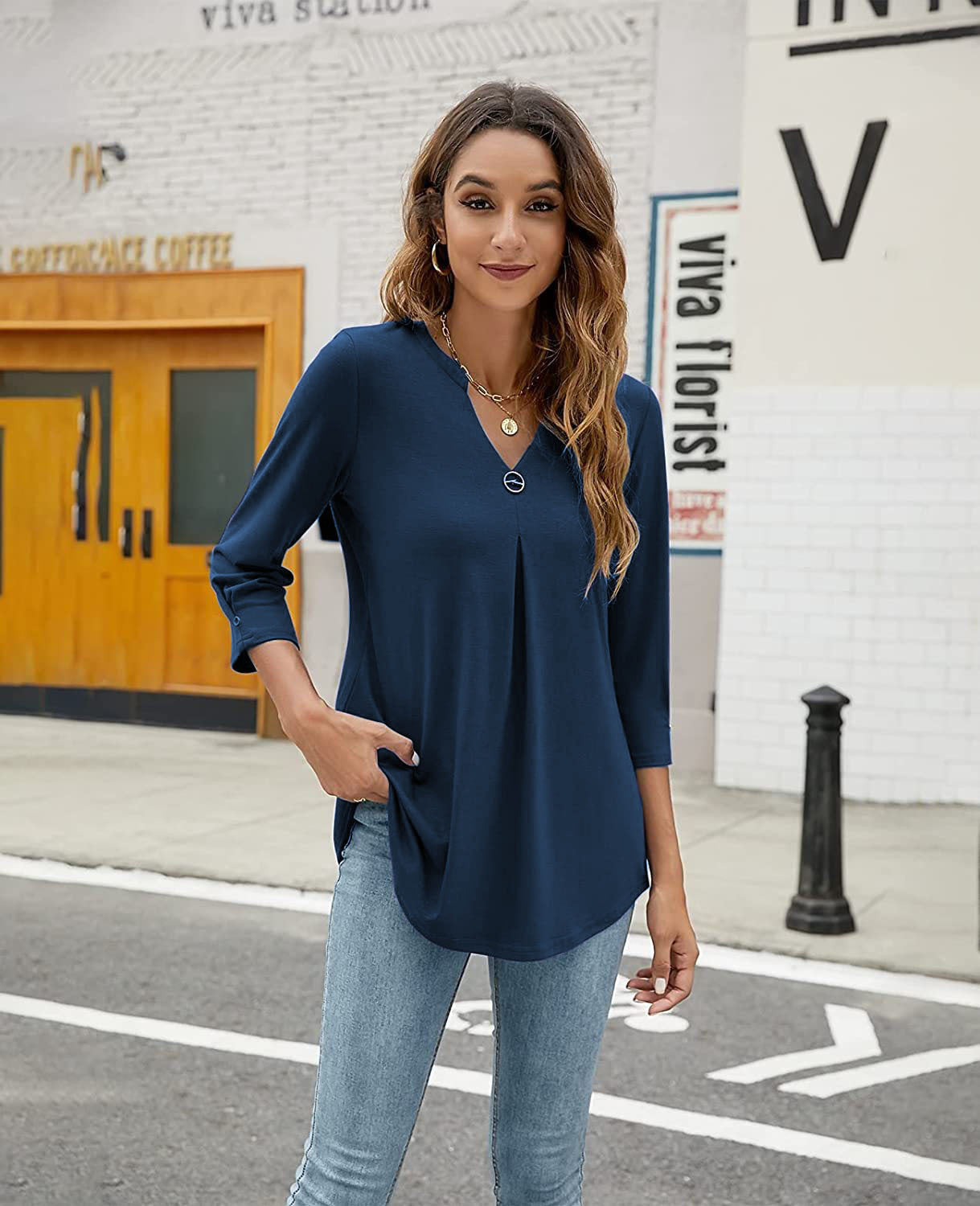 Women's Three-quarter Sleeve Solid Color Clinch Pleated Women's T-shirt