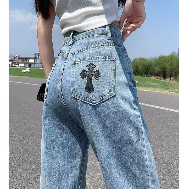 Women's High Waist Straight Slimming Fashion Cross Jeans