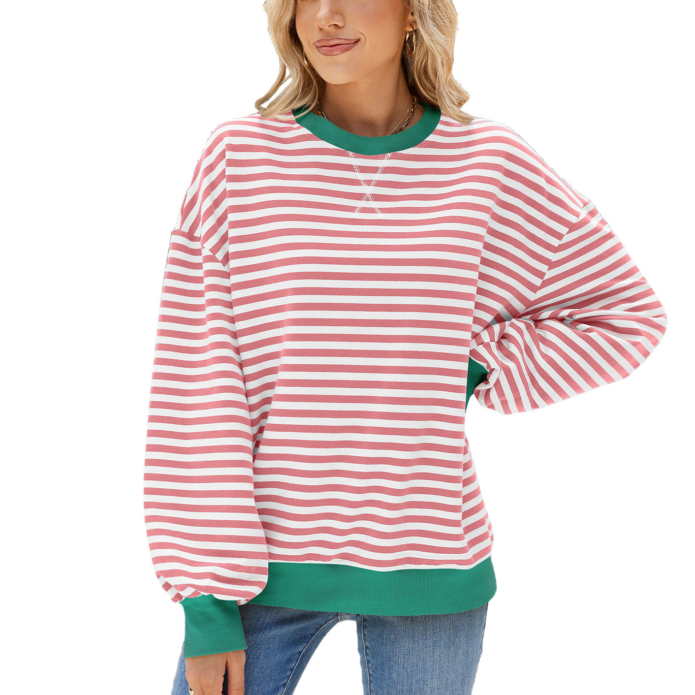 Women's Round Neck Contrast Color Loose Long Sleeve Women's Sweater, Sweater