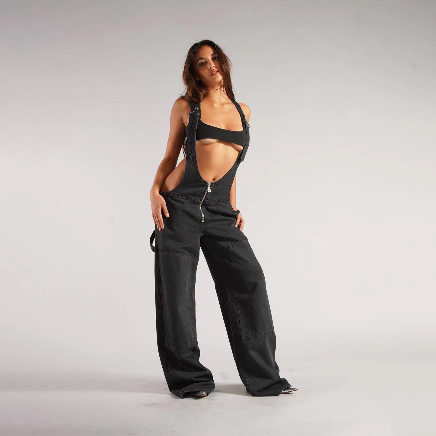 Women's Denim Suspender Autumn Loose Casual Pocket Wide Jeans