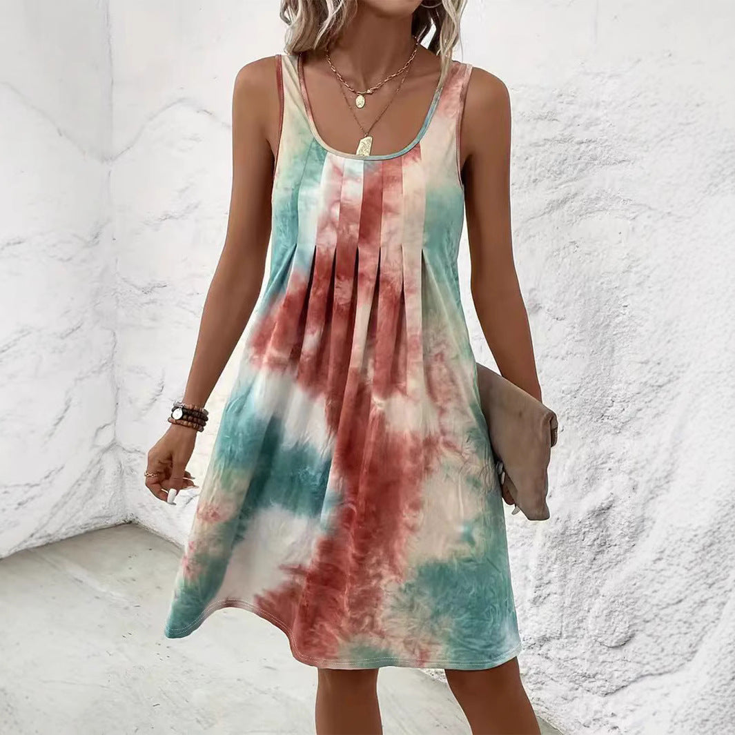 Women's Printed Round Neck Pleated Casual Sleeveless Dress