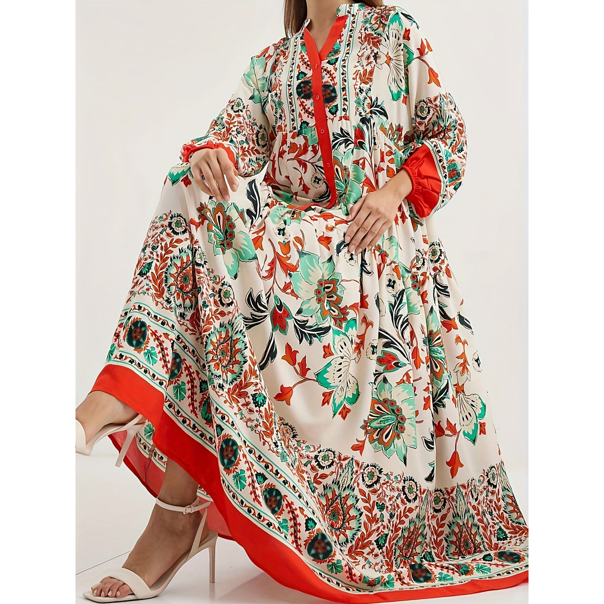 Women's Long Robe Elegant Loose Sleeve Floral Dress