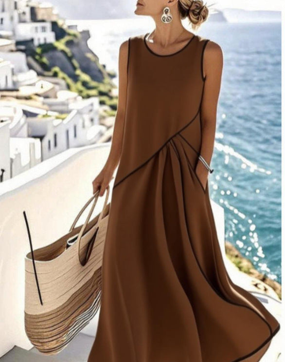 Neck Sleeveless Contrast Color Loose Slimming Dress