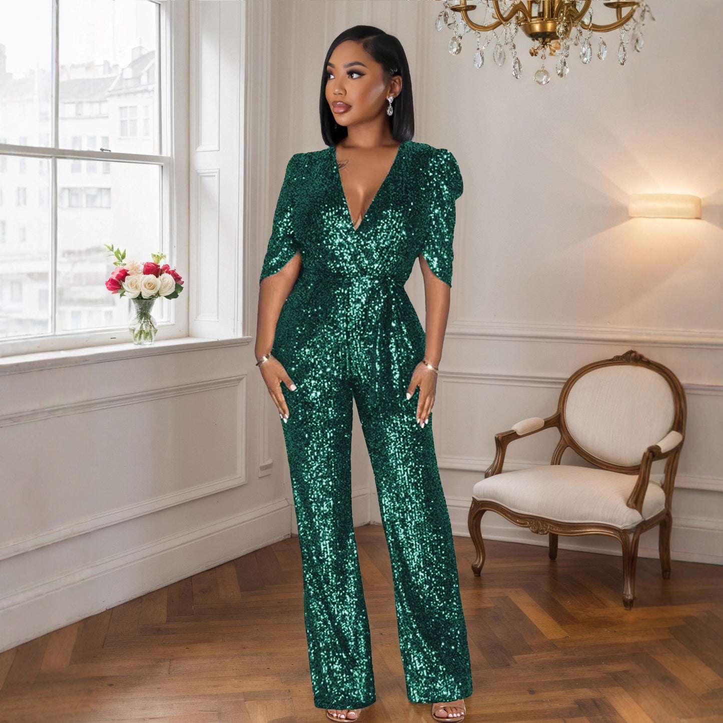 Women's Sexy Half-sleeve Slim Fit Sequined Party Jumpsuits
