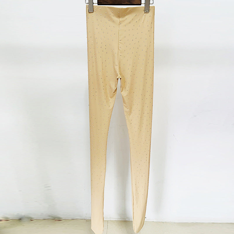 Rhinestone Stretch Turtleneck Bottoming Shirt Pleated Leggings