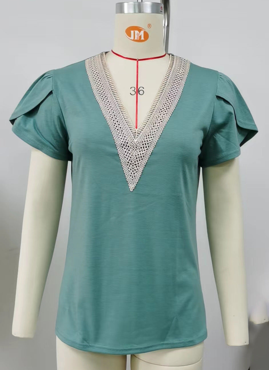 Gold Lace Tile Sleeve Solid Color Women's T-shirt