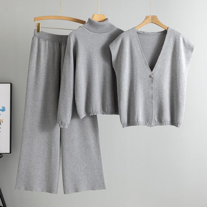 Women's Fashionable Turtleneck Wide Leg Knitted Three-piece Sweaters